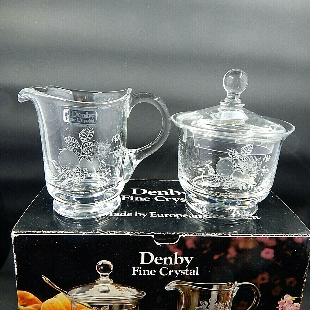 Denby Fine Crystal Etched Sugar and Creamer Fall Apples Sunflower Acorns